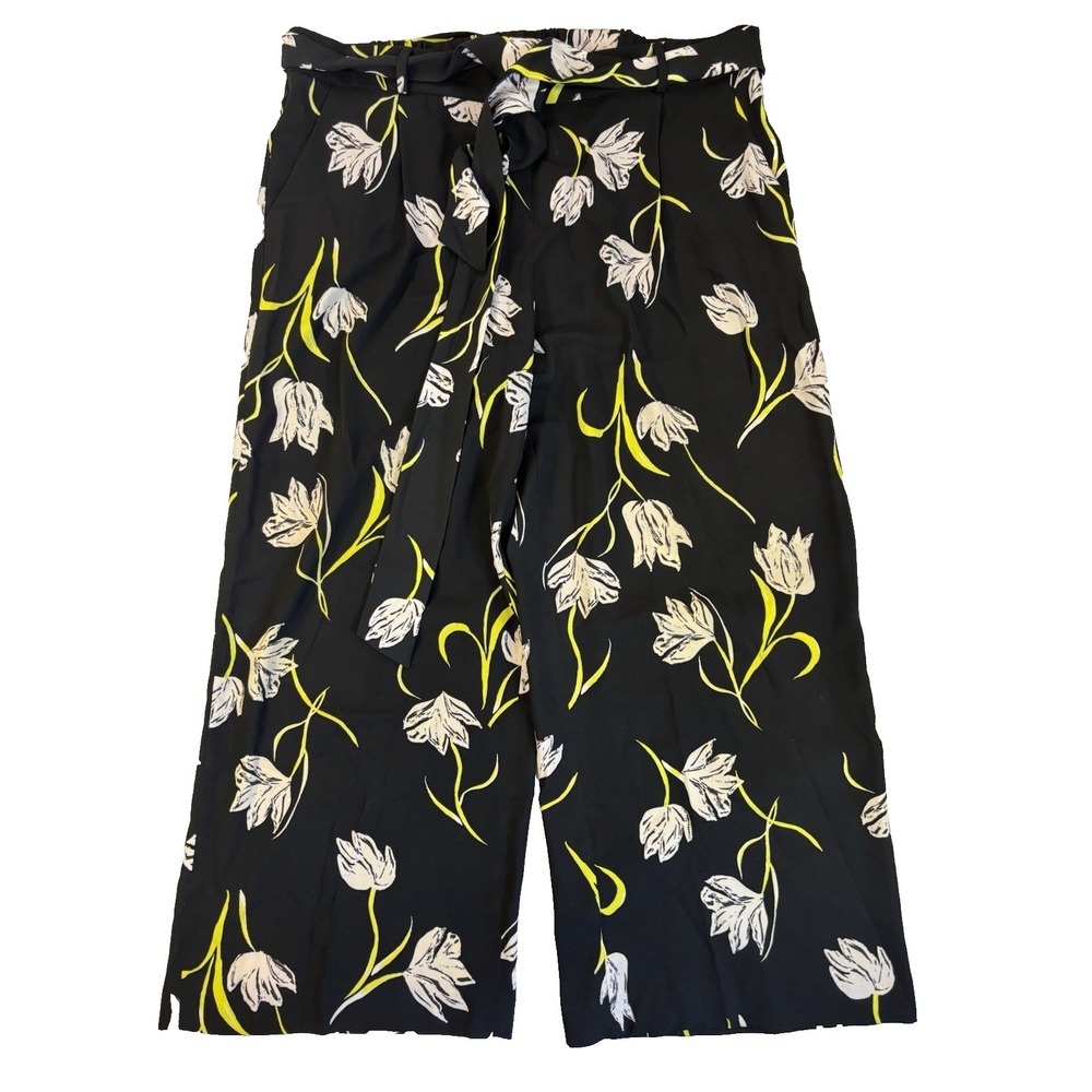 Halogen Women's XL Black Yellow Floral Wide Leg Cropped Pants Flowy Summer BOHO